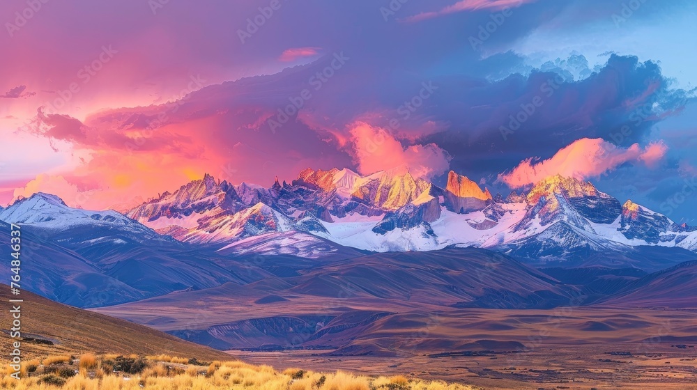 landscape view of the Himalayas in Tibetan plateau under sunset light