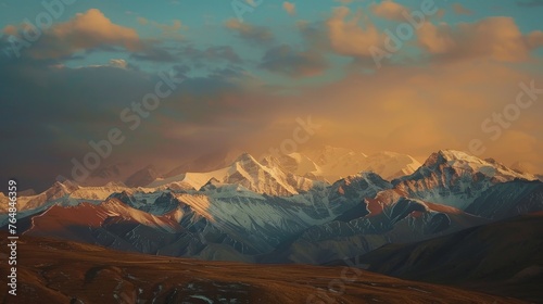 landscape view of the Himalayas in Tibetan plateau under sunset light