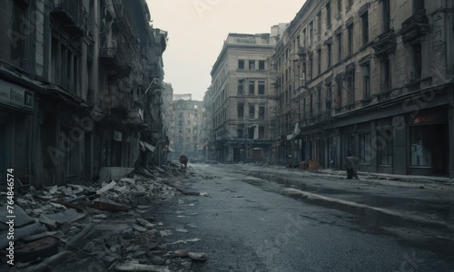 The aftermath of urban abandonment is captured in this street filled with rubble and debris. The once-bustling avenue now silent, a testament to change and neglect. AI generation