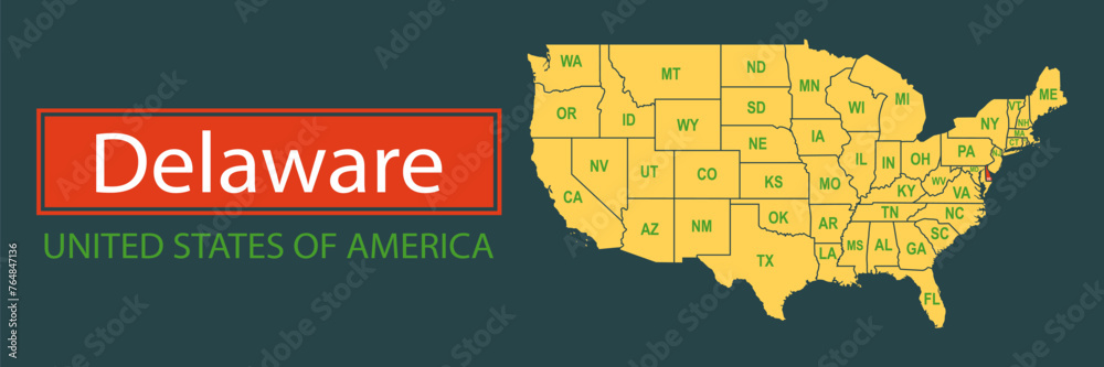 Obraz premium Banner, highlighting the boundaries of the state of Delaware on the map of the United States of America. Vector map borders of the USA Delaware state.
