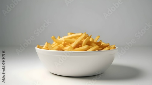 Golden French fries in a white bowl on a white background with copy space