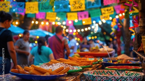 A vibrant street scene capturing the essence of a Mexican fiesta, with a focus on a colorful stall serving freshly made churros dusted 