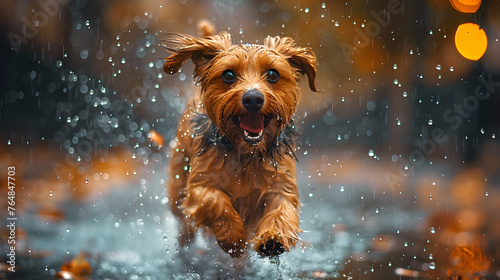 A dog running in the heavy rain