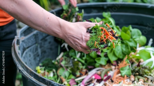 A close-up of a persons hand holding a handful of compostable food scraps, with a compost bin in the background, promoting composting as a way to reduce food waste and enrich soil