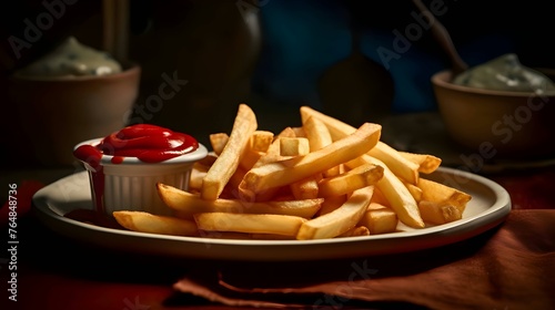 French fries with ketchup on a plate. Selective focus.