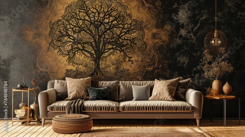 an eye-catching scene with a tree mandala design on a deep solid wall, enhanced by the presence of a plush sofa.