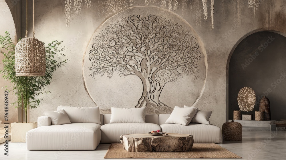 an eye-catching scene with a tree mandala design on a muted-colored wall, enhanced by the presence of a plush sofa. - obrazy, fototapety, plakaty 