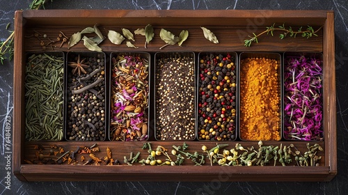 A set of different raw dry organic spices in a wooden box
