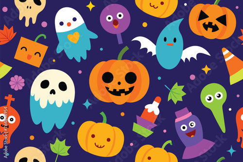 Colorful halloween party seamless pattern. Funny cartoon line doodle background of scary autumn celebration decoration