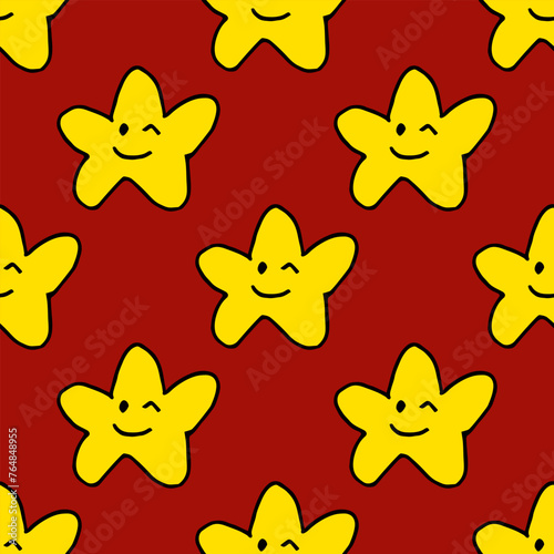 Seamless pattern with smiling yellow stars on red backgound. Vector image.