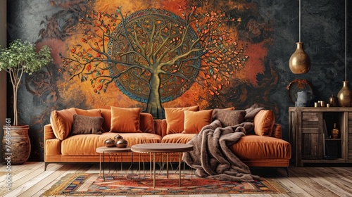 an eye-catching scene with a tree mandala design on a deep solid wall, enhanced by the presence of a plush sofa. photo