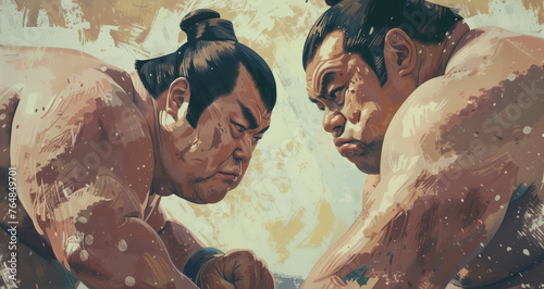 Close up of sumo wrestlers. Japanese wrestling and sumo tournament concept.