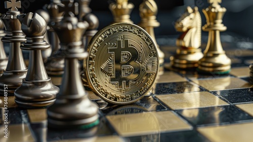 Halvings impact on crypto trading strategies, 3D chessboard with Bitcoin pieces photo