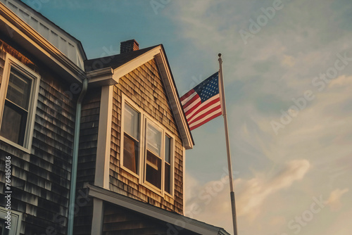 American flag on corner of residential house symbol	