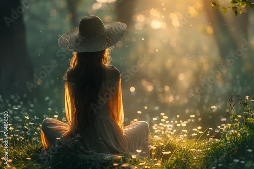 A peaceful woman in a wide-brimmed hat meditates in a sunlit forest surrounded by white flowers, embodying serenity and oneness with nature