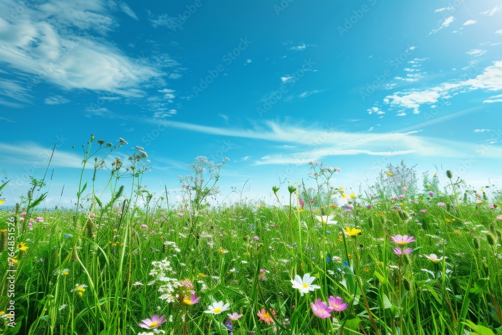 Wildflower meadow with blue sky. Spring landscape concept. Beauty of nature. Design for wallpaper, banner. 
