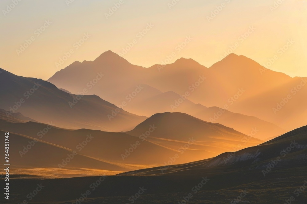 Layered mountain silhouettes at dawn. Summer landscape concept. Beauty of nature. Design for wallpaper, banner. 