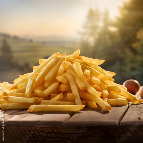 Golden French fries potatoes on a wooden table in the countryside. Toned.