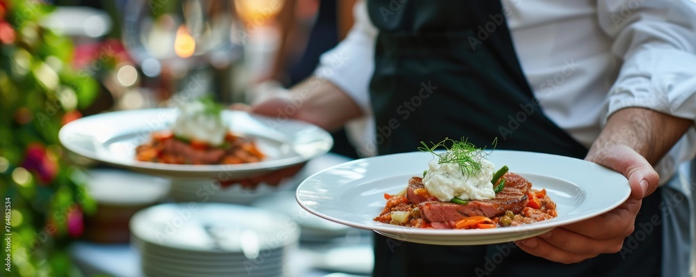 Waiter carry plate with steak meat or fresh dish on wedding ceremony. Waiter carry plate with steak meat or fresh dish on wedding ceremony.