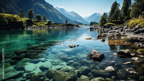 Panoramic view of the lake in the mountains. Mountain landscape.