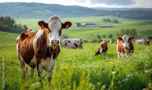 Cows herd on the green grass.