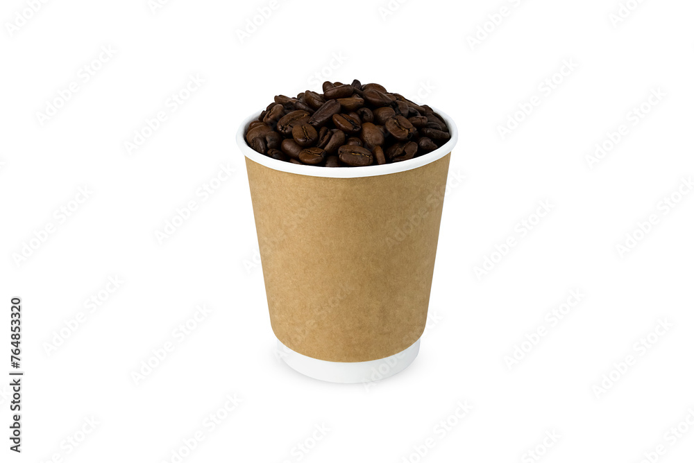 A disposable paper cup with coffee beans isolated on white background. Coffee to go. Close-up. A disposable paper cup with coffee beans isolated on white background. Coffee to go. Close-up.