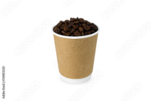 A disposable paper cup with coffee beans isolated on white background. Coffee to go. Close-up.