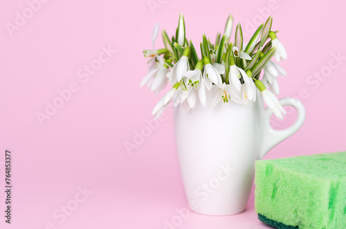 Spring flowers and kitchen sponge on a pink background. Spring cleaning. Close-up. Copy space. Selective focus.