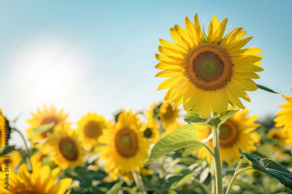 Sunflower in field with sunlight. Summer landscape concept. Beauty of nature. Design for wallpaper, banner