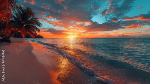 Sunset Over Tropical Beach With Palm Trees