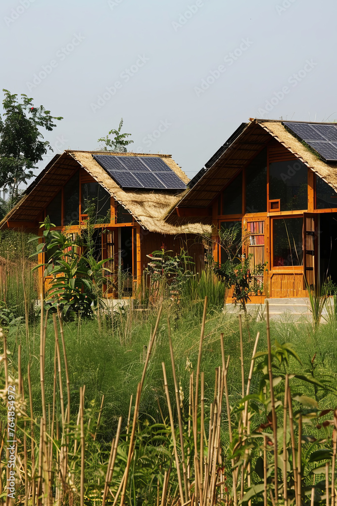 Houses constructed from grass, equipped with solar panels on the roof Houses constructed from grass, equipped with solar panels on the roof