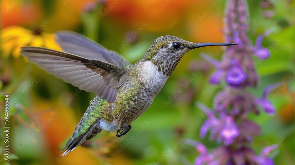 Fototapeta premium Hummingbird Hovering Over Purple Flowers