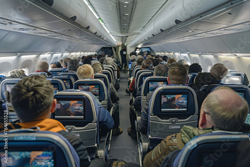 Coach passengers on a commercial flight, equipped with built-in TV screens