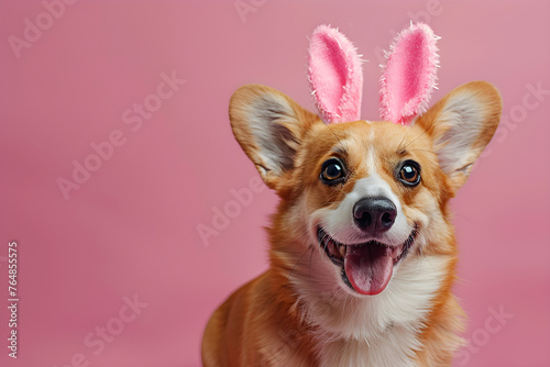 Funny corgi dog wearing Easter bunny ears on a pink background. Perfect for Easter celebration and pet-themed content.