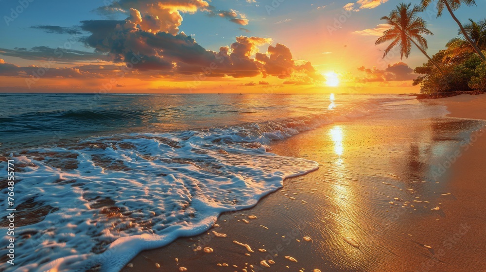 Sun Setting Over Ocean on Beach