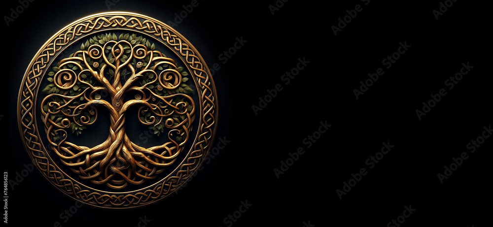 illustration of Celtic symbol of tree of life in gold bronze tonality over black background with copy space illustration of Celtic symbol of tree of life in gold bronze tonality over black background with copy space