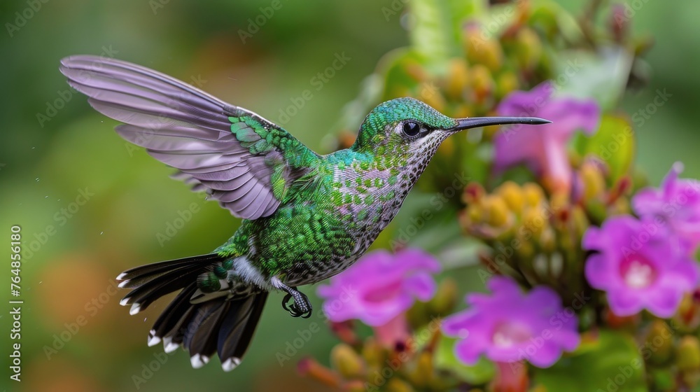 Fototapeta premium Hummingbird Hovering Over Purple Flowers