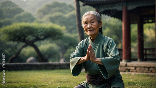  wise elder Asian woman practising doing tai-chi tai chi outside like old oriental wisdom concept, tai-chi chuan in nature 