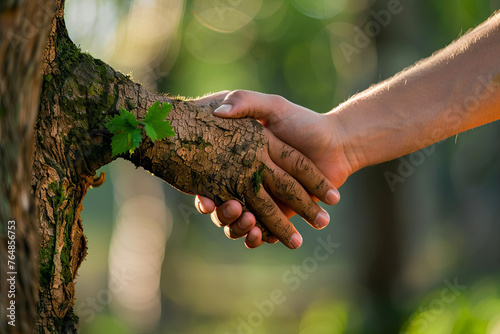 Concept of unity with nature, represented by a handshake between a human hand and a tree hand