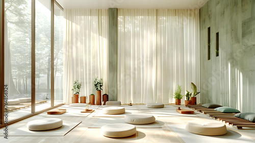 Bright yoga room with mats and props. Large windows are installed along one of the walls, which let in a lot of natural light. photo