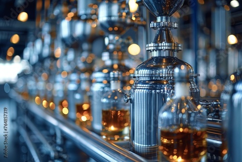 Close-up of a contemporary distillery with stainless steel containers and pipes for brewing and distilling beverages photo