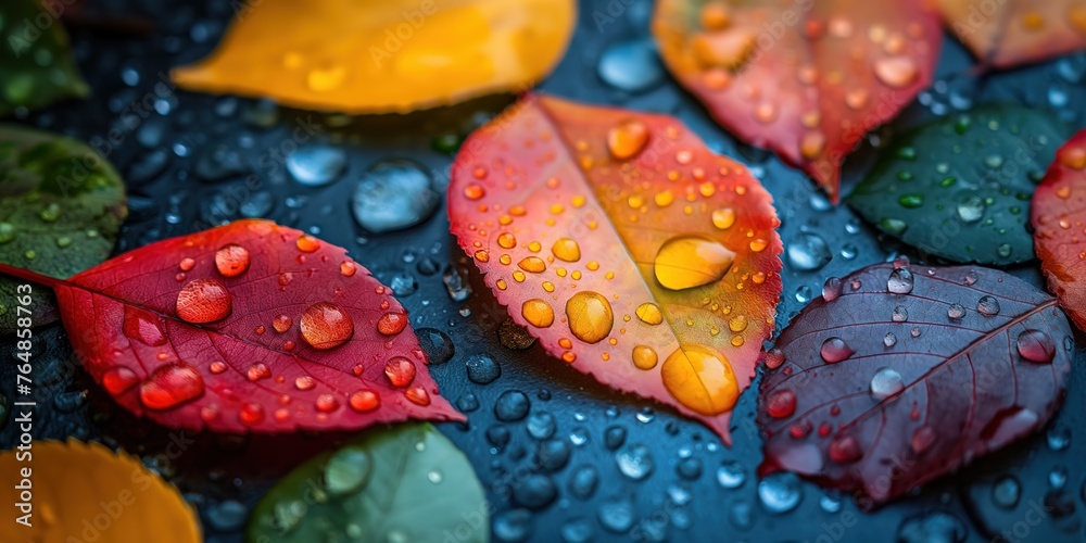 close up autumn leaves on ground with water droplet, wet rain drop, Generative Ai close up autumn leaves on ground with water droplet, wet rain drop, Generative Ai