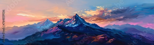 Mountain landscape at sunset oil painting hand drawn