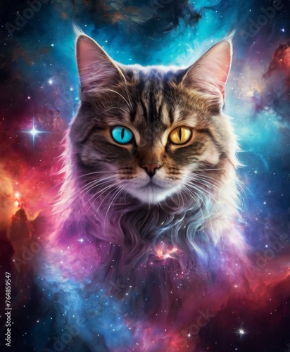 A Maine Coon cat's contemplative gaze pierces from a vivid intergalactic scene, its fur a fusion of starry space and earthly grace. The portrait is a tribute to the boundless beauty of the universe
