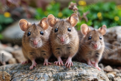 A crisp and detailed photo showcasing a trio of wild brown rats (Rattus norvegicus) perched on a rock with natural foliage in the background