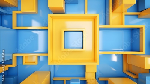 3d rendering of yellow and blue abstract geometric background. Scene for advertising, technology, showcase, banner, game, sport, cosmetic, business, metaverse. Sci-Fi Illustration. Product display