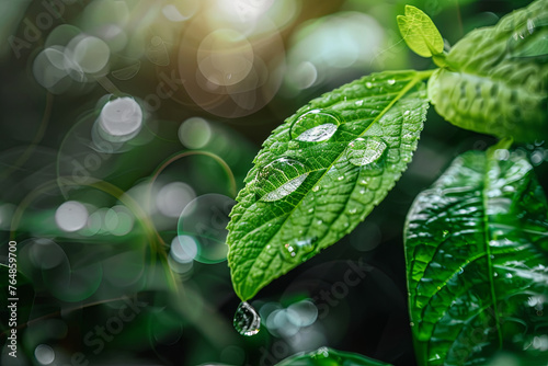 Icon of CO2 reduction on a green leaf with a water droplet, representing the decrease of CO2, carbon footprint, and carbon credit to limit global warming from climate change. Concept of Bio Circular G