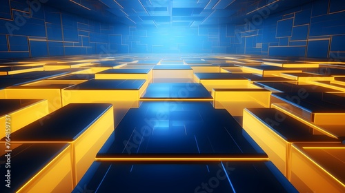 3d rendering of yellow and blue abstract geometric background. Scene for advertising, technology, showcase, banner, game, sport, cosmetic, business, metaverse. Sci-Fi Illustration. Product display © Gary