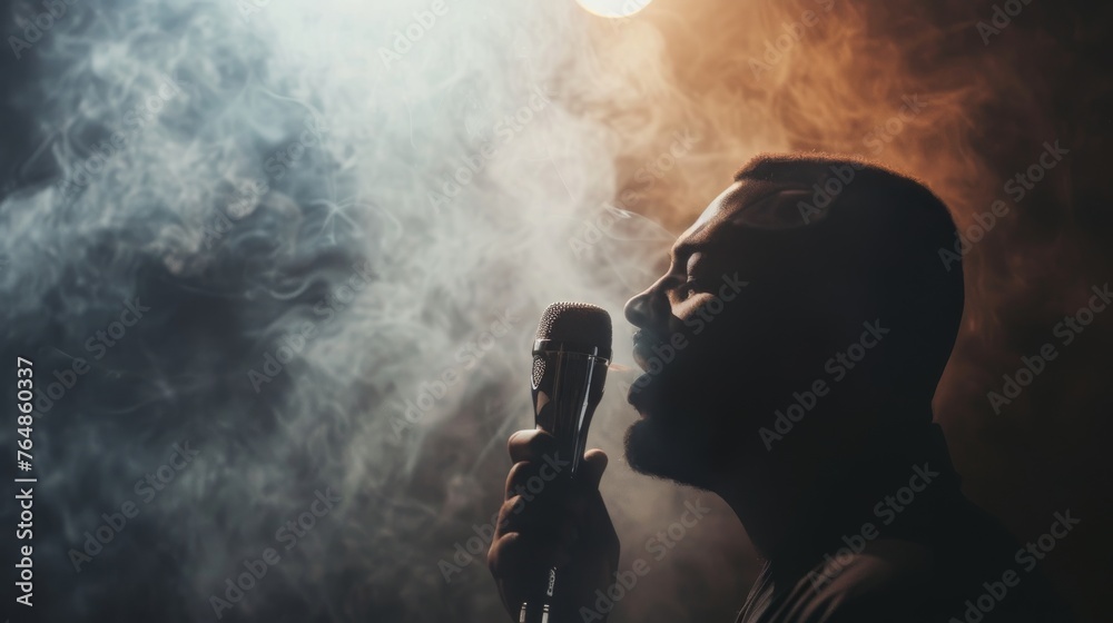 Man singing into a microphone with smoke in the background. Retro style Man singing into a microphone with smoke in the background. Retro style