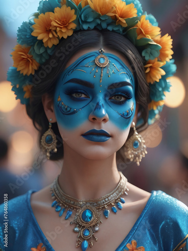 Woman With Blue Makeup For Cinco De Mayo © Pixel Matrix